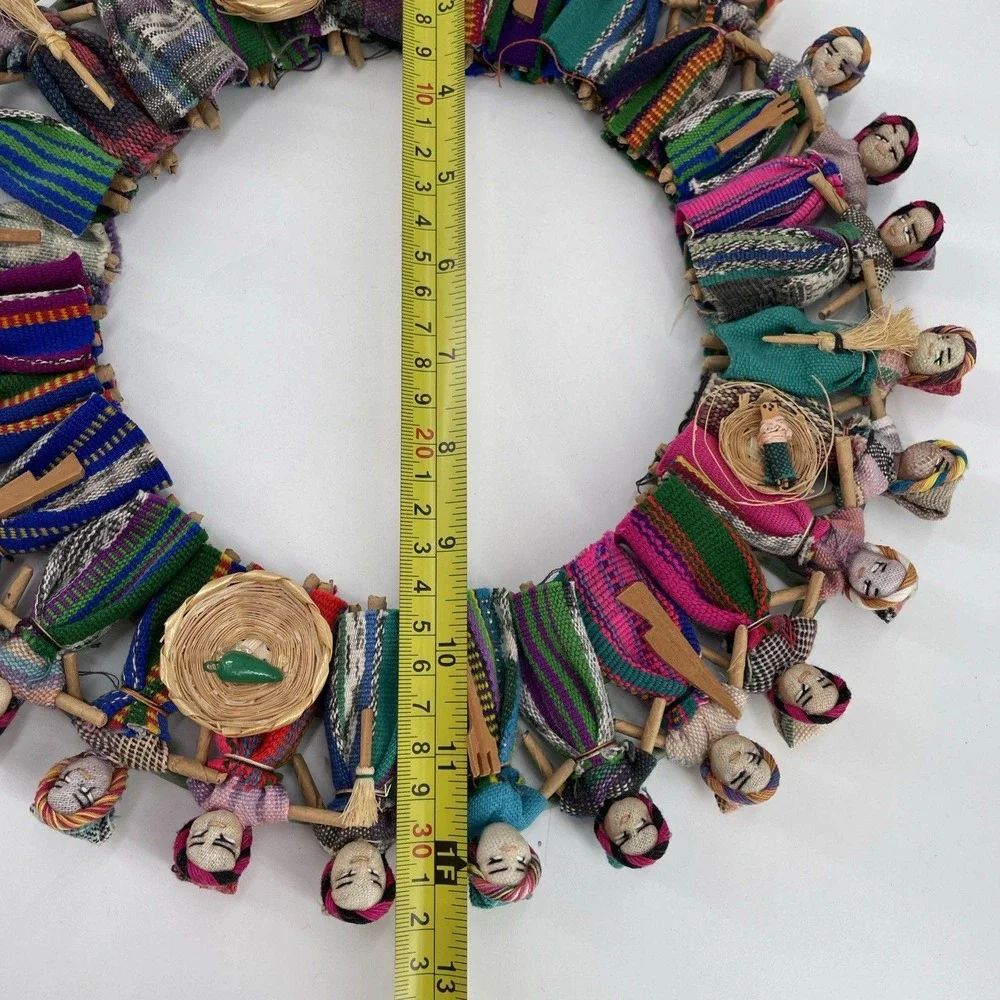Handmade Guatemalan Worry Doll Wreath 12.5in Colorful FolkArt Wall Hanging Decor
